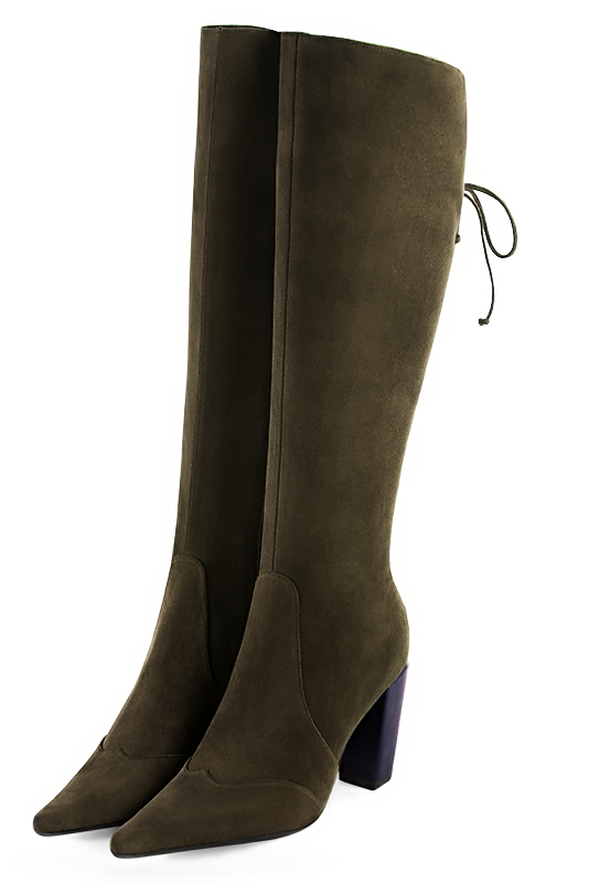 Khaki green women's knee-high boots, with laces at the back. Pointed toe. High block heels. Made to measure. Front view - Florence KOOIJMAN